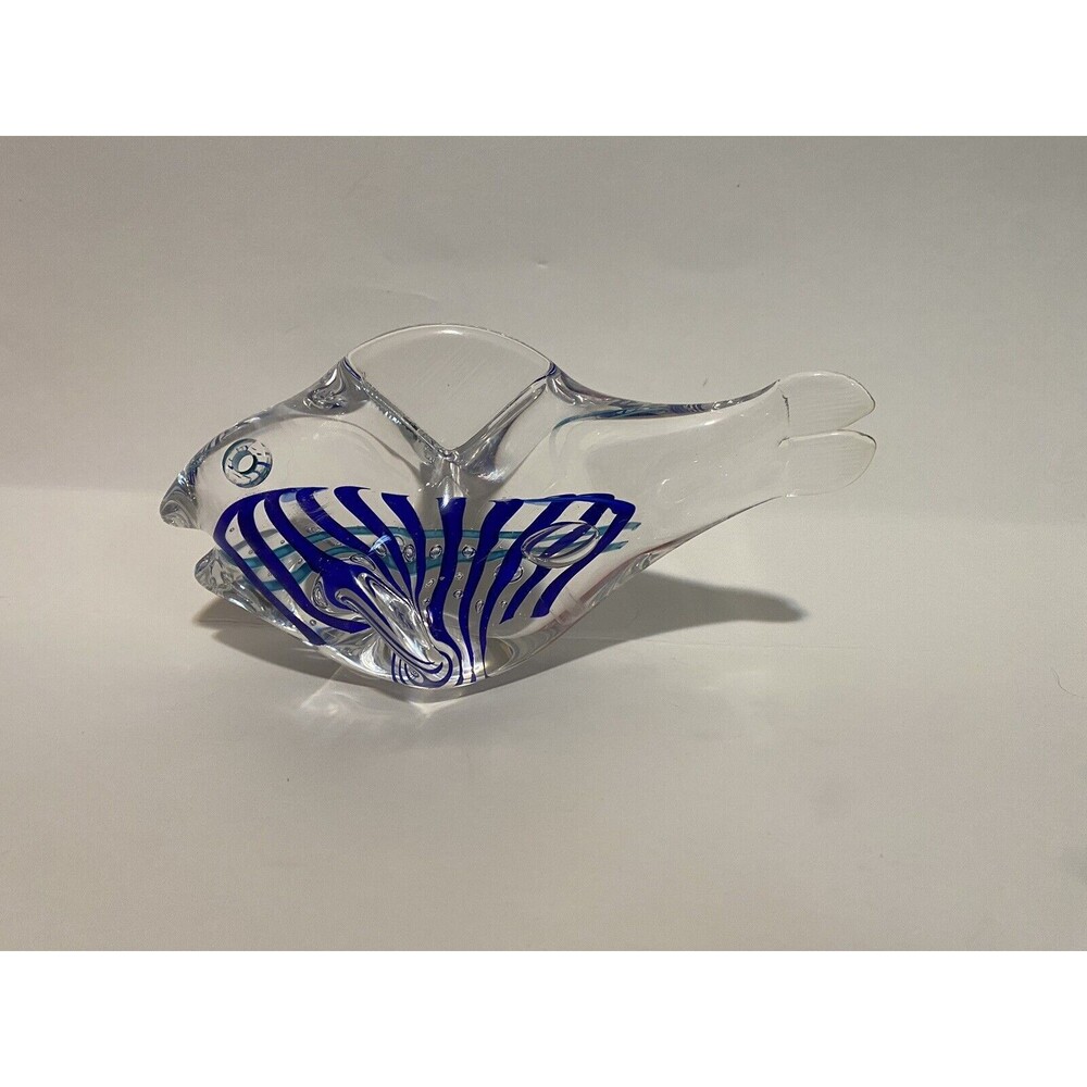 VTG Schmidt Rhea Glass Fish Signed 7” Blue Abstract Design Paperweight Loose Eye